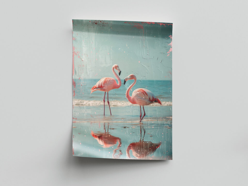 Plakat Flamingi - Różowe flamingi na morzu | Ilustracja nowoczesna sztuka minimalistyczna - Ptaki tropikalne, woda, retro