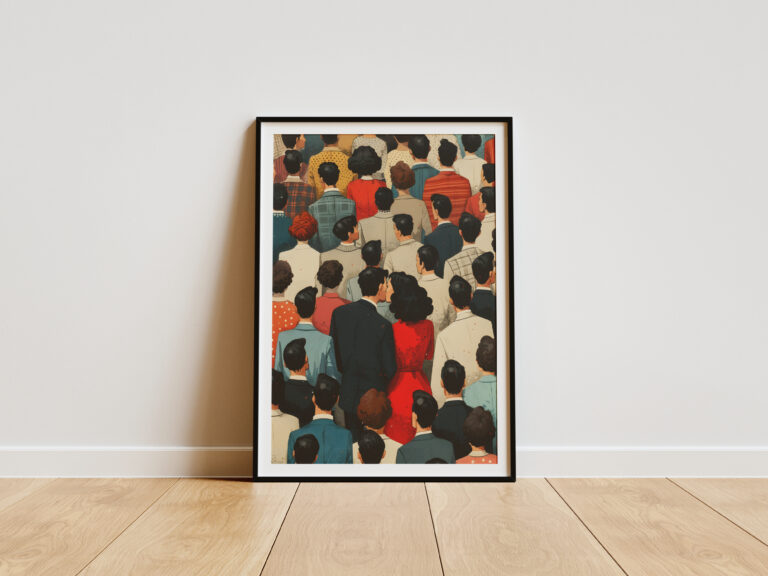 Pocałunek wśród tłumu Plakat - Związek Sztuka Kultura Ludzie - Para całująca się wśród tłumu Ilustracja Nowoczesna grafika ścienna