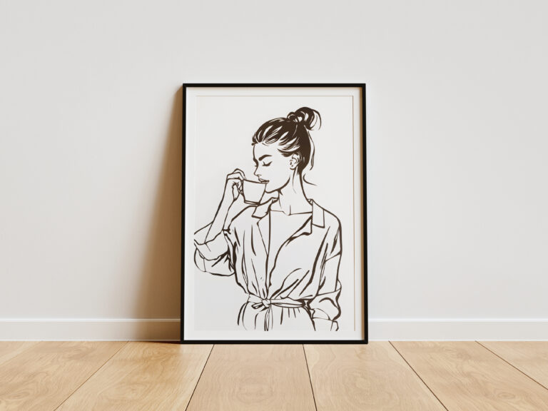 Plakat z poranną kawą - kobieta z kawą - czarno biały - minimalistyczny