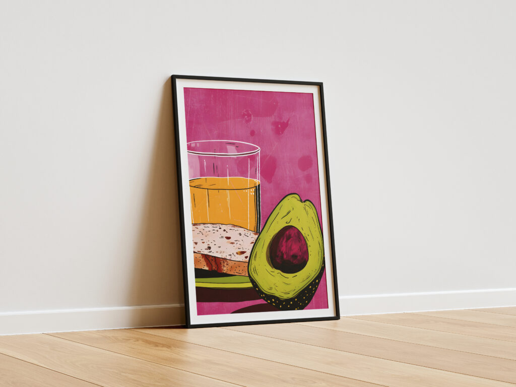 Klub śniadaniowy - pop-art - Współczesny plakat z jedzeniem - awokado - chleb - sok