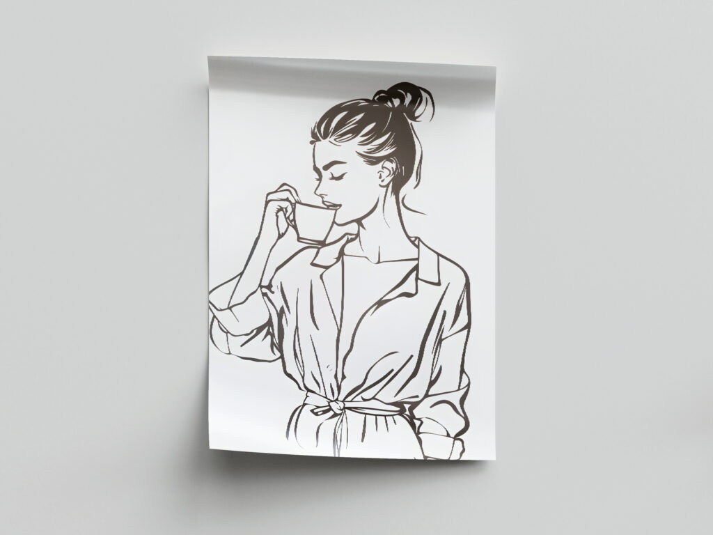 Plakat z poranną kawą - kobieta z kawą - czarno biały - minimalistyczny